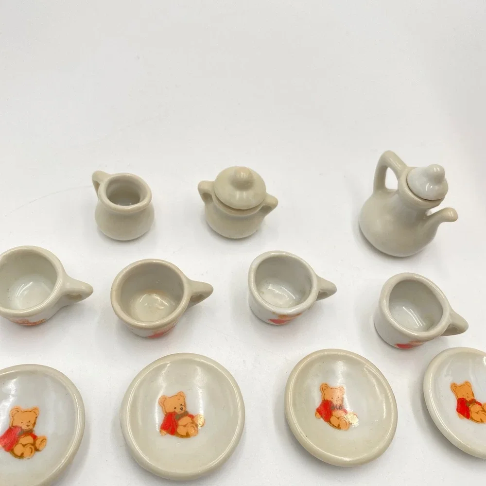 Vintage Miniature Ceramic Teddy Bear Tea Set 11 Piece Dollhouse Accessory White